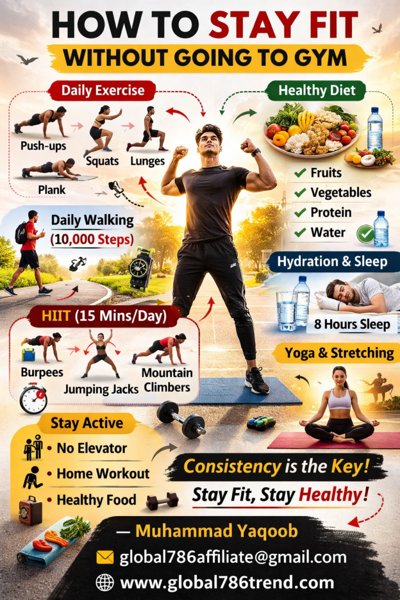 Discover how to stay fit without going to the gym using simple home workouts, daily walking, healthy eating, and smart lifestyle habits.