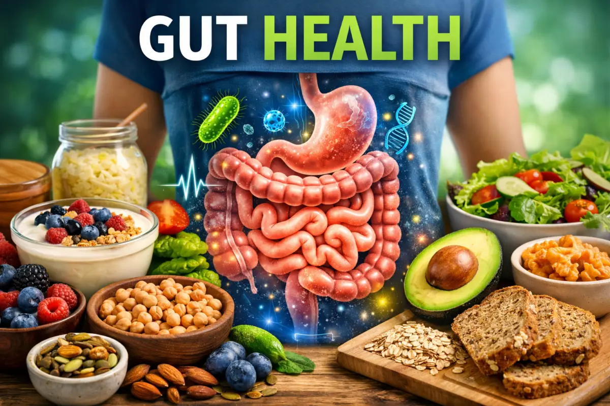 Healthy gut microbiome concept with digestive system illustration and nutritious foods for improving gut health