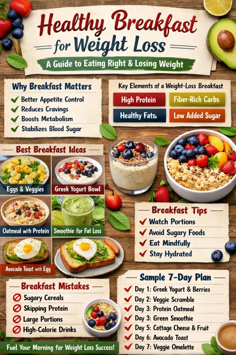 Infographic titled “Healthy Breakfast for Weight Loss” showing balanced breakfast options like eggs with vegetables, Greek yogurt with berries, oatmeal with nuts, smoothie, and avocado toast. The design highlights key components such as high protein, fiber-rich carbs, healthy fats, low sugar, breakfast tips, and a sample 7-day meal plan for weight loss.