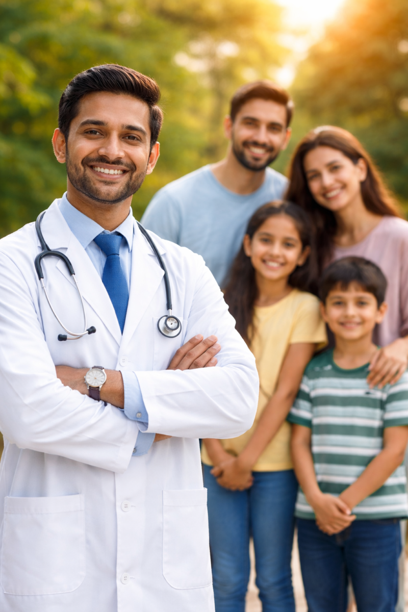 Doctor standing with a happy family representing healthy habits, fitness, and a strong body lifestyle.