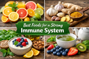 Healthy foods that boost immune system including citrus fruits, garlic, ginger, yogurt, berries, and green tea