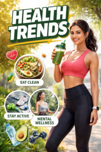 Latest health trends with fitness, healthy food, and wellness lifestyle